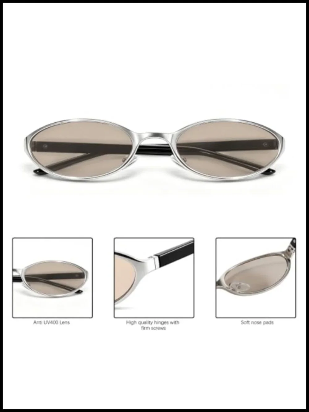 Silver Y2K Oval Narrow Sunglasses Women Retro Cat Eye UV400 Metal Frame